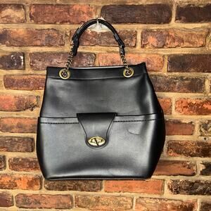 Vintage 80s Black Faux Leather Tote Handbag Women's Purse Hand Bag